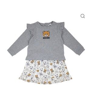 Moschino Gray and White Kids Matching Set. Baby teddy ling sleeve tee and skirt